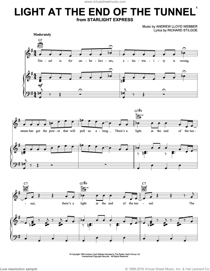 Light At The End Of The Tunnel (from Starlight Express) sheet music for voice, piano or guitar by Andrew Lloyd Webber and Richard Stilgoe, intermediate skill level