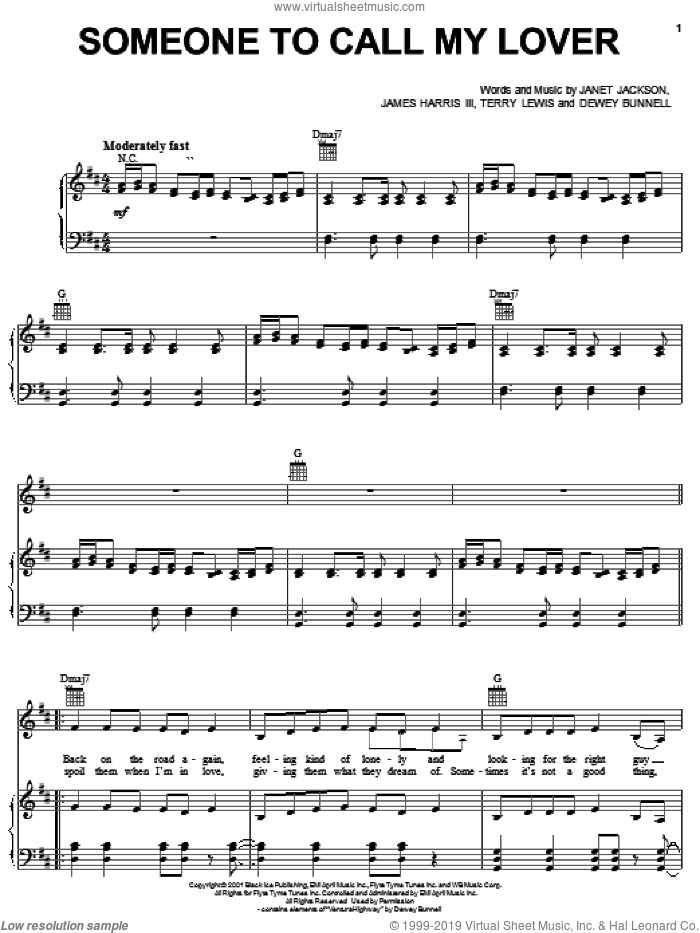Someone To Call My Lover sheet music for voice, piano or guitar by Janet Jackson, Dewey Bunnell and James Harris, intermediate skill level