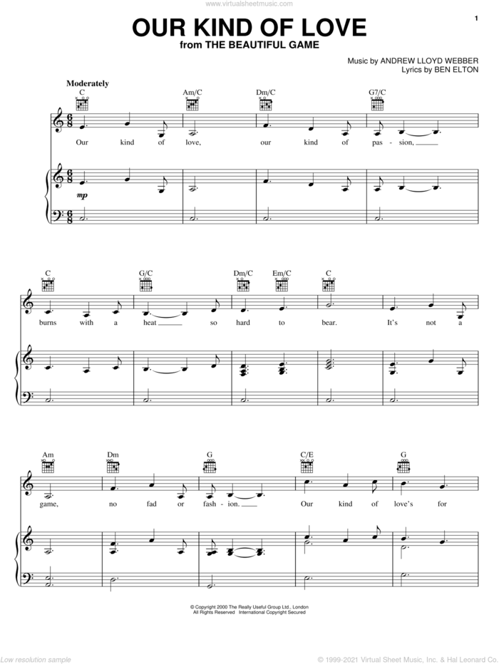 Our Kind Of Love (from The Beautiful Game) sheet music for voice, piano or guitar by Andrew Lloyd Webber and Ben Elton, intermediate skill level