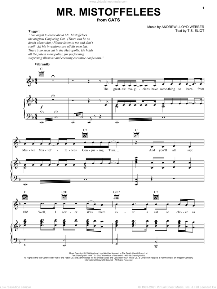 Mr. Mistoffelees (from Cats) sheet music for voice, piano or guitar by Andrew Lloyd Webber, Cats (Musical) and T.S. Eliot, intermediate skill level
