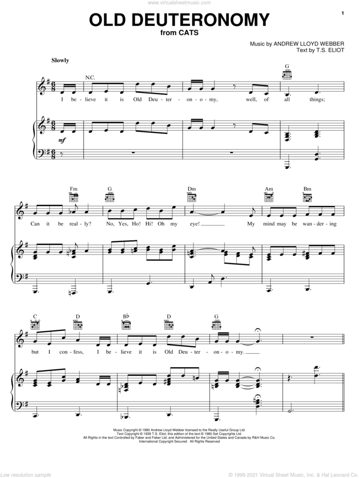 Old Deuteronomy (from Cats) sheet music for voice, piano or guitar by Andrew Lloyd Webber, Cats (Musical) and T.S. Eliot, intermediate skill level