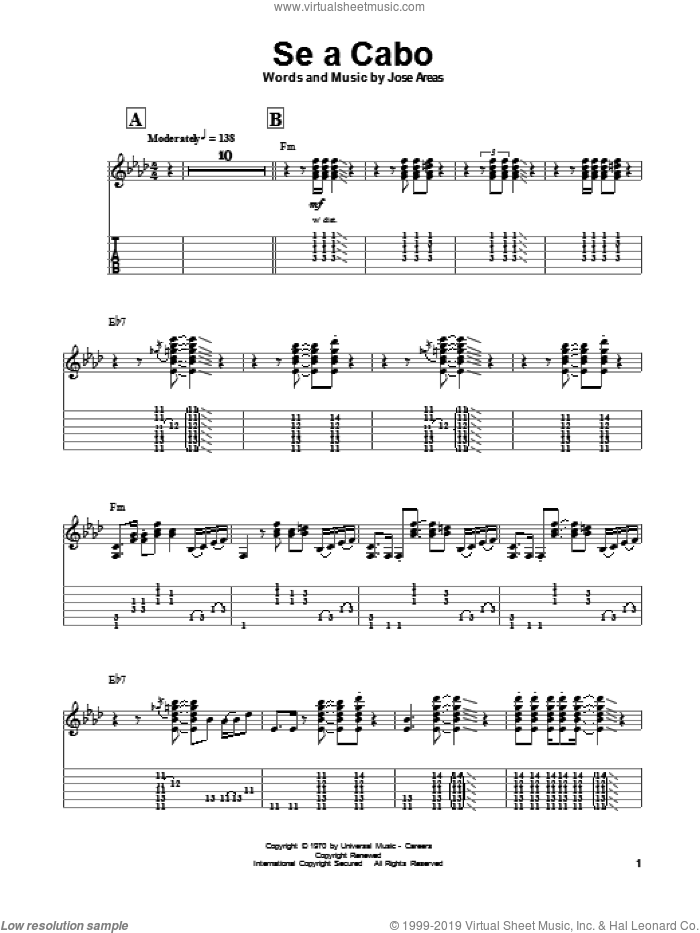 Se A Cabo sheet music for guitar (tablature, play-along) by Carlos Santana and Jose Areas, intermediate skill level
