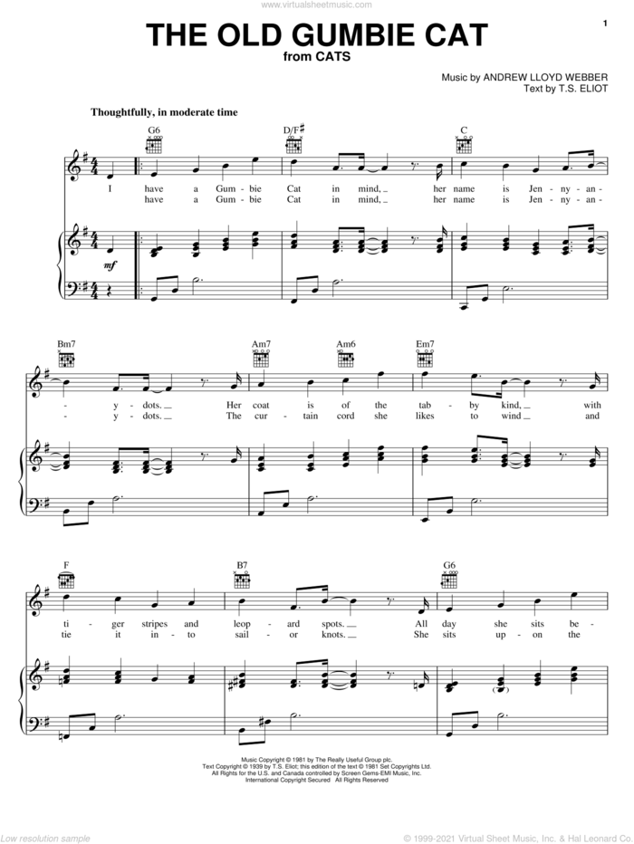 The Old Gumbie Cat (from Cats) sheet music for voice, piano or guitar by Andrew Lloyd Webber, Cats (Musical) and T.S. Eliot, intermediate skill level