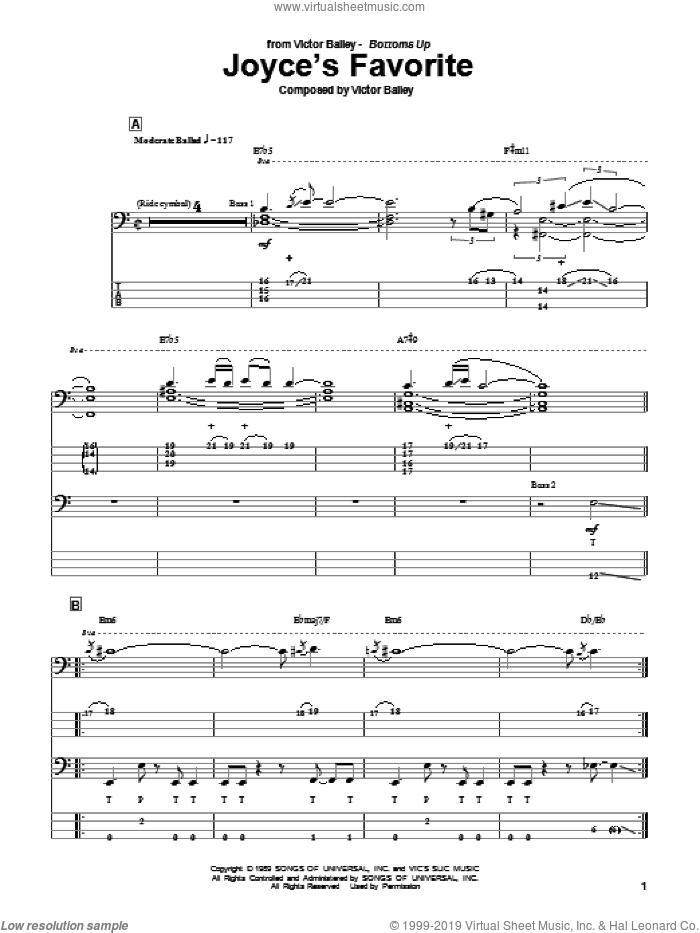 Joyce's Favorite sheet music for bass (tablature) (bass guitar) by Victor Bailey, intermediate skill level