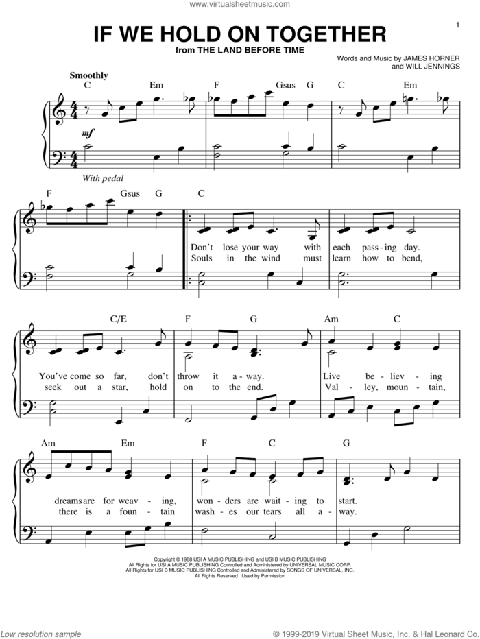 If We Hold On Together sheet music for piano solo by Diana Ross and The Land Before Time (Movie), easy skill level