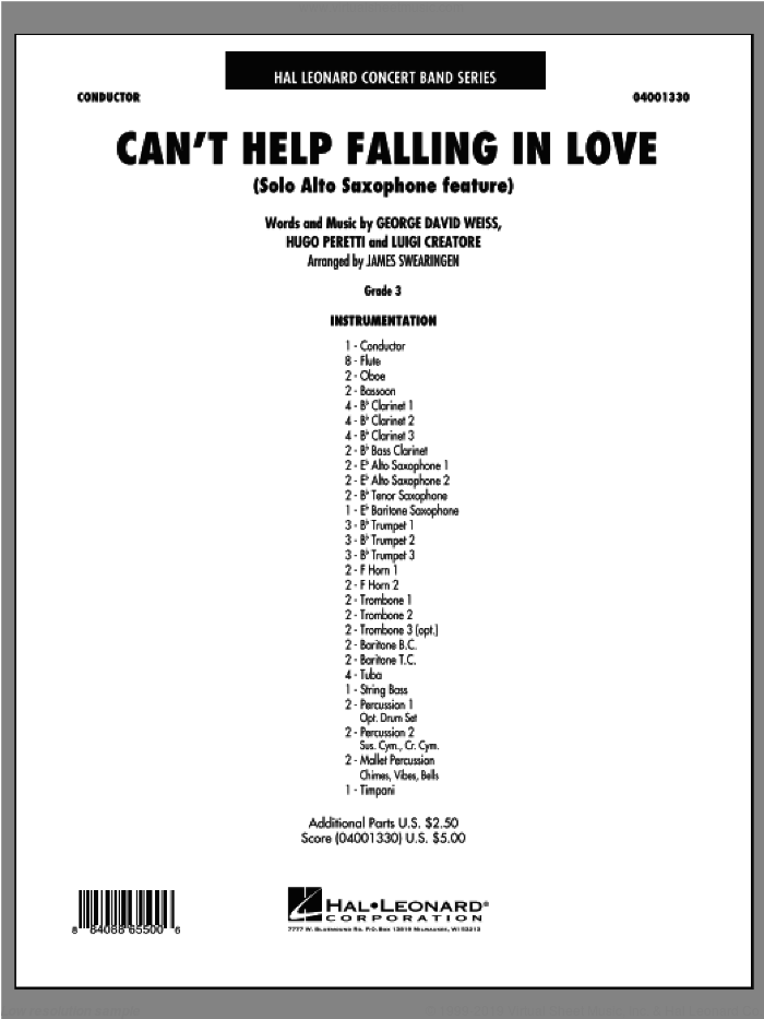 Can't Help Falling In Love (Solo Alto Saxophone Feature) (COMPLETE) sheet music for concert band by George David Weiss, Hugo Peretti, Luigi Creatore, Elvis Presley and James Swearingen, wedding score, intermediate skill level
