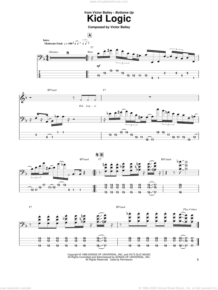 Kid Logic sheet music for bass (tablature) (bass guitar) by Victor Bailey, intermediate skill level