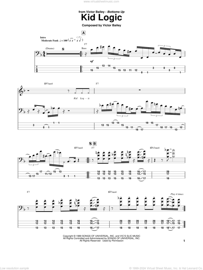 Kid Logic sheet music for bass (tablature) (bass guitar) by Victor Bailey, intermediate skill level