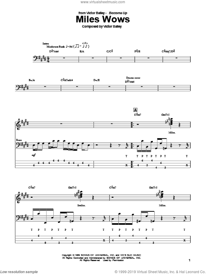 Miles Wows sheet music for bass (tablature) (bass guitar) by Victor Bailey, intermediate skill level