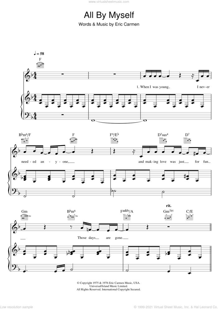 All By Myself sheet music for voice, piano or guitar by Eric Carmen, intermediate skill level