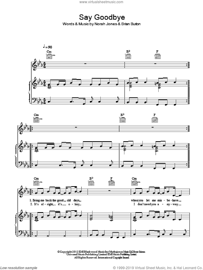 Say Goodbye sheet music for voice, piano or guitar by Norah Jones and Brian Burton, intermediate skill level