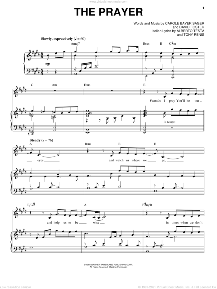 The Prayer sheet music for voice and piano by Josh Groban, Andrea Bocelli, Celine Dion, Carole Bayer Sager and David Foster, intermediate skill level