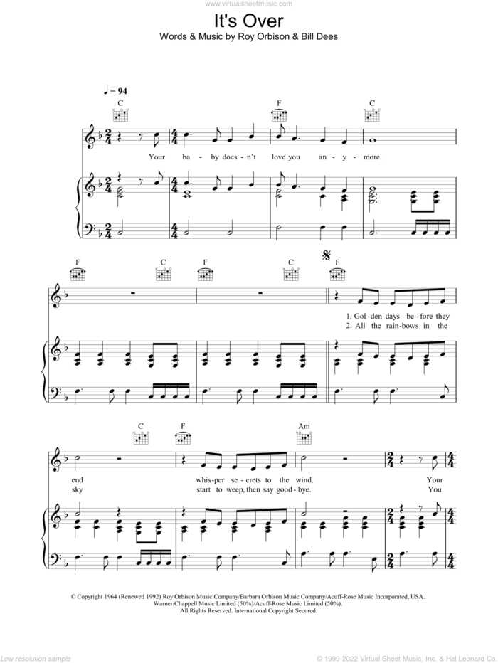 It's Over sheet music for voice, piano or guitar by Roy Orbison and Bill Dees, intermediate skill level