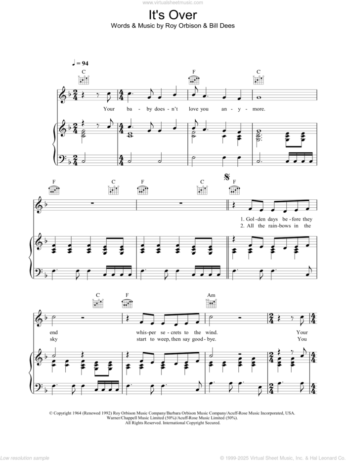 It's Over sheet music for voice, piano or guitar by Roy Orbison and Bill Dees, intermediate skill level