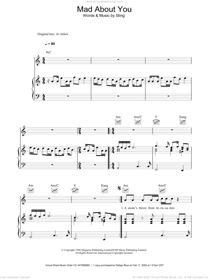 Mad About You sheet music for voice, piano or guitar by Sting, intermediate skill level