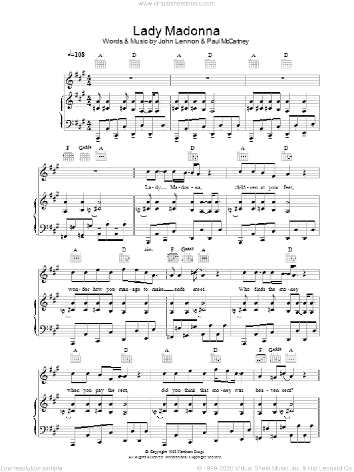 Lady Madonna sheet music for voice, piano or guitar by The Beatles, John Lennon and Paul McCartney, intermediate skill level