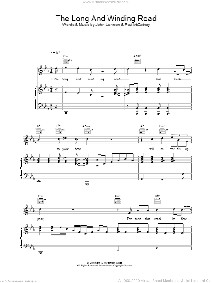 The Long And Winding Road sheet music for voice, piano or guitar by The Beatles, John Lennon and Paul McCartney, intermediate skill level