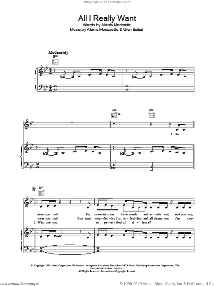 All I Really Want sheet music for voice, piano or guitar by Alanis Morissette and Glen Ballard, intermediate skill level