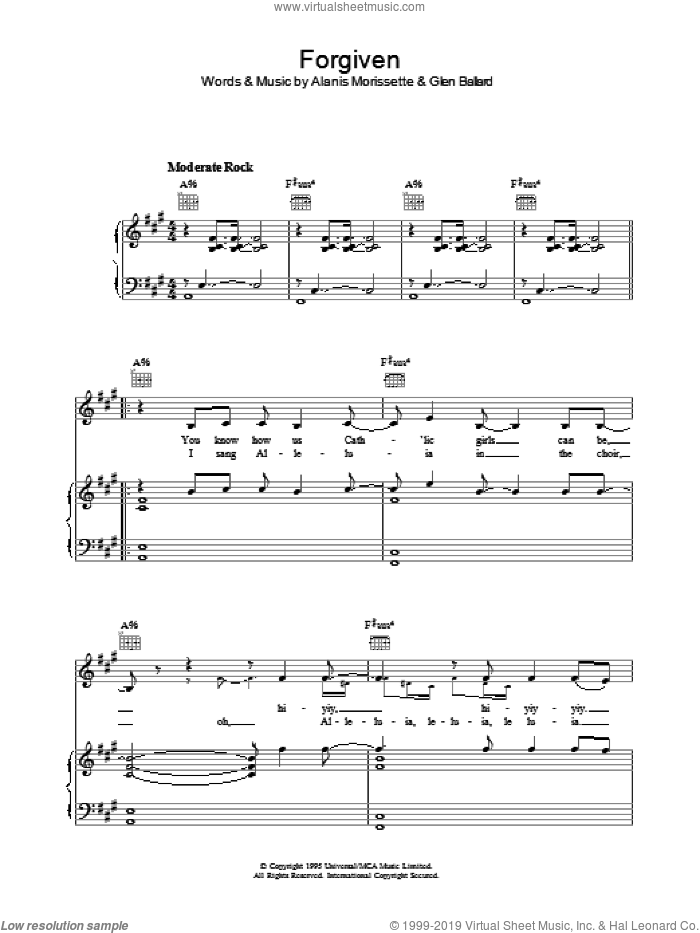 Forgiven sheet music for voice, piano or guitar by Alanis Morissette and Glen Ballard, intermediate skill level