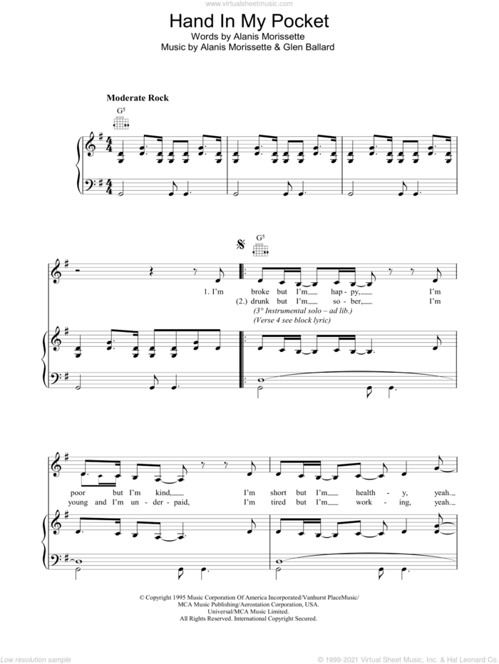 Hand In My Pocket sheet music for voice, piano or guitar by Alanis Morissette and Glen Ballard, intermediate skill level