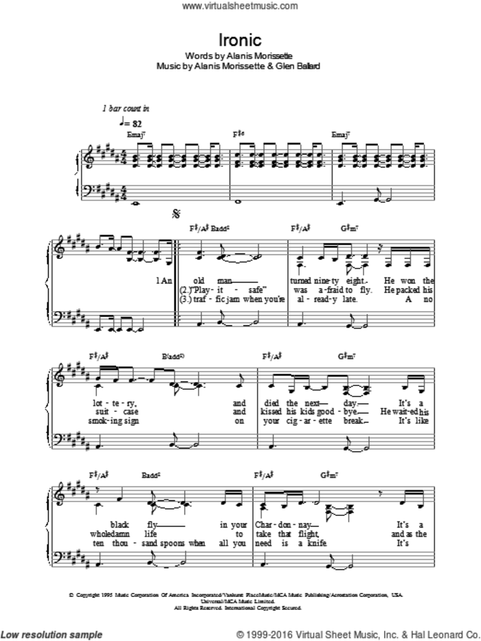 Ironic sheet music for voice, piano or guitar by Alanis Morissette and Glen Ballard, intermediate skill level