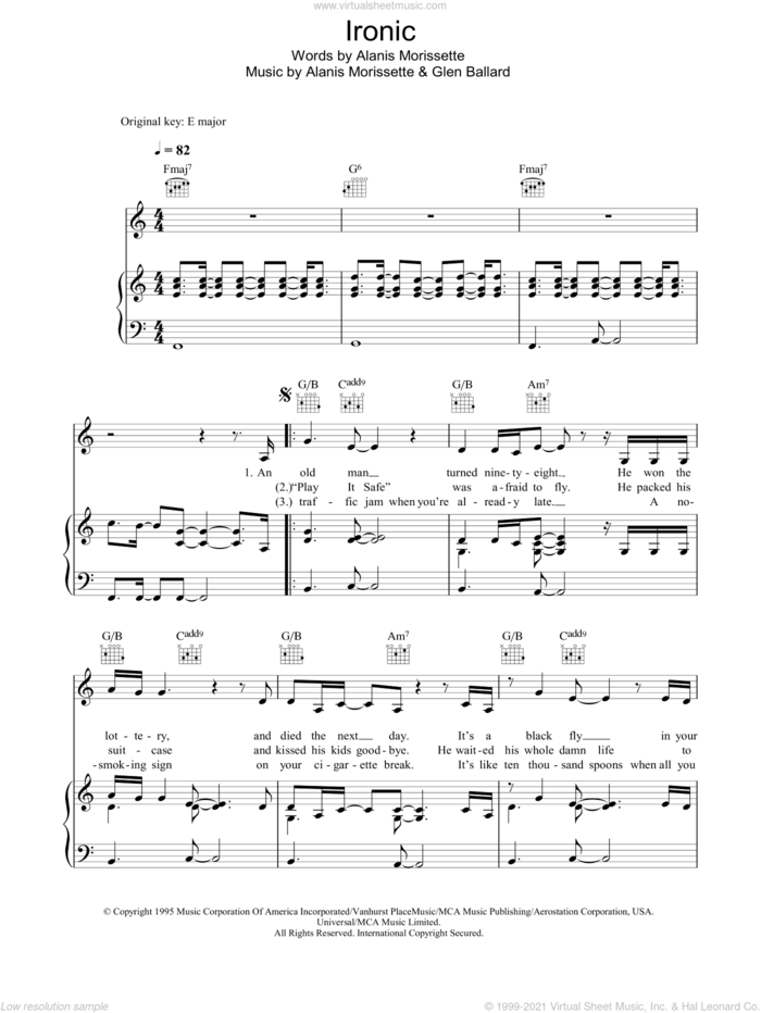 Ironic sheet music for voice, piano or guitar by Alanis Morissette and Glen Ballard, intermediate skill level