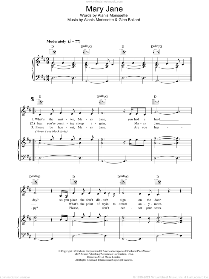 Mary Jane sheet music for voice, piano or guitar by Alanis Morissette and Glen Ballard, intermediate skill level