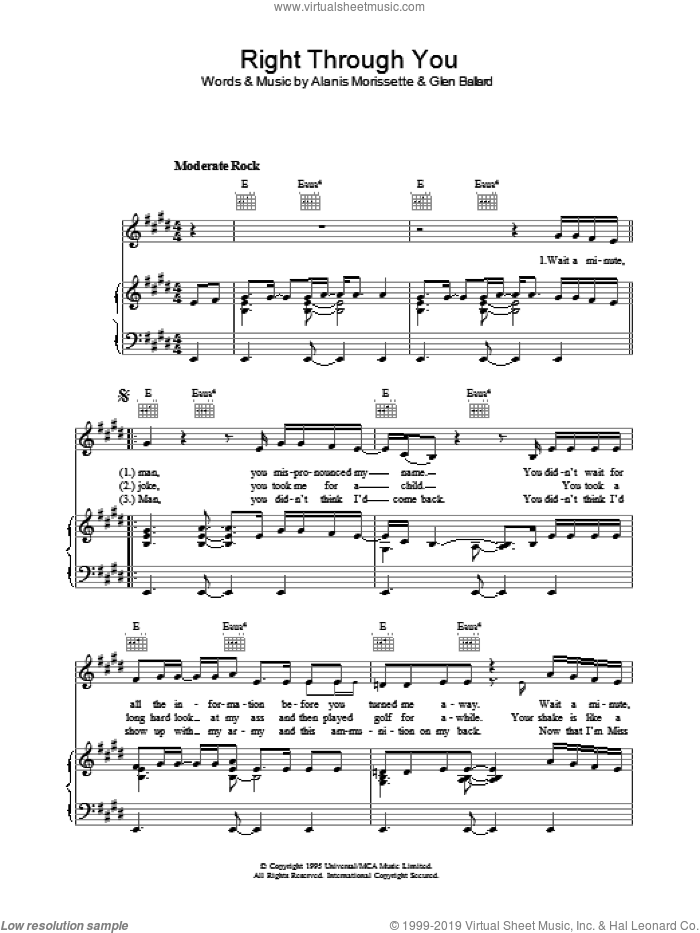 Right Through You sheet music for voice, piano or guitar by Alanis Morissette and Glen Ballard, intermediate skill level