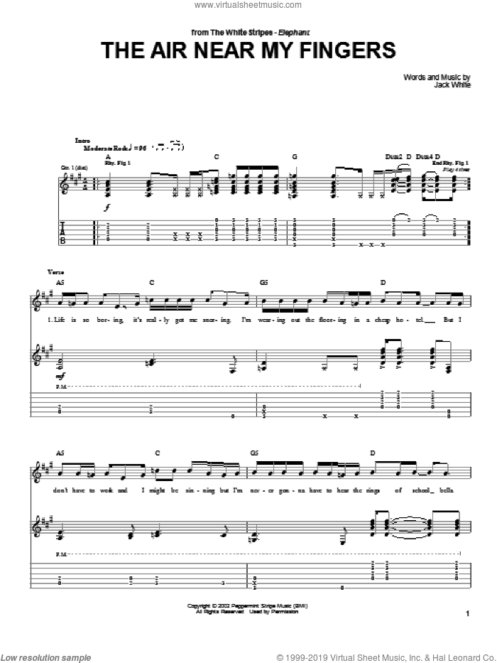 The Air Near My Fingers sheet music for guitar (tablature) by The White Stripes and Jack White, intermediate skill level