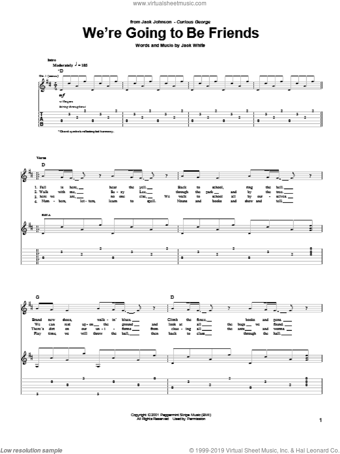 We're Going To Be Friends sheet music for guitar (tablature) by Jack Johnson, Jack White and The White Stripes, intermediate skill level