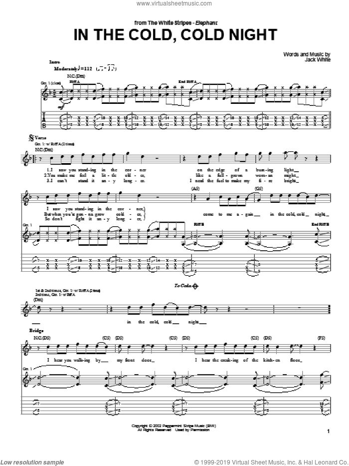 In The Cold, Cold Night sheet music for guitar (tablature) by The White Stripes and Jack White, intermediate skill level
