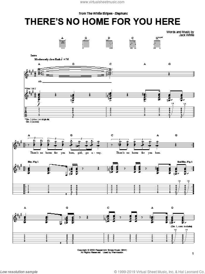 There's No Home For You Here sheet music for guitar (tablature) by The White Stripes and Jack White, intermediate skill level