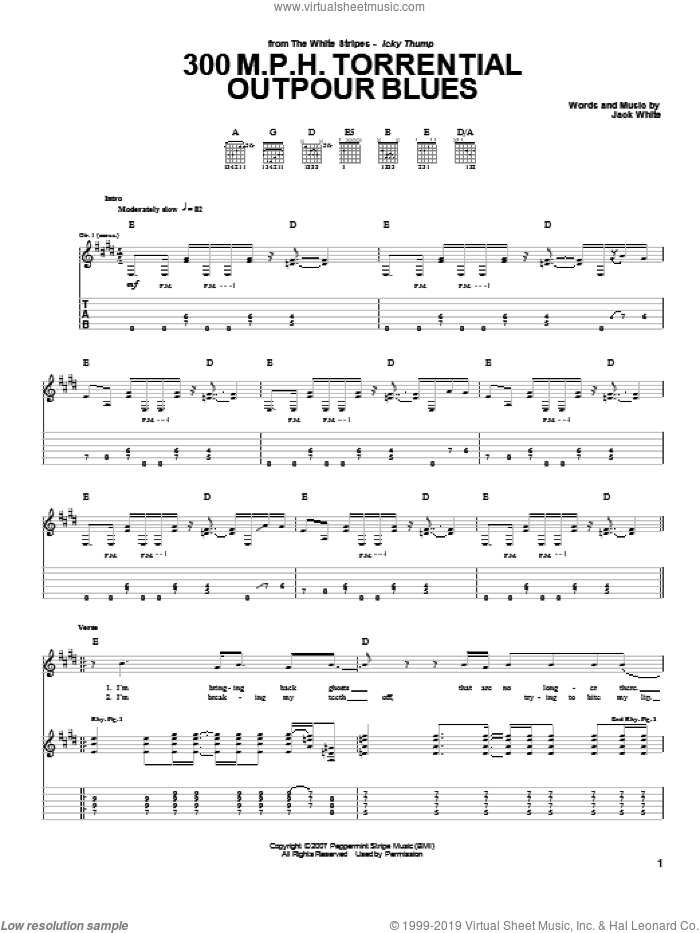 300 MPH Torrential Outpour Blues sheet music for guitar (tablature) by The White Stripes and Jack White, intermediate skill level