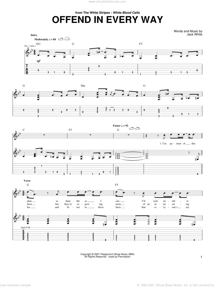 Offend In Every Way sheet music for guitar (tablature) by The White Stripes and Jack White, intermediate skill level