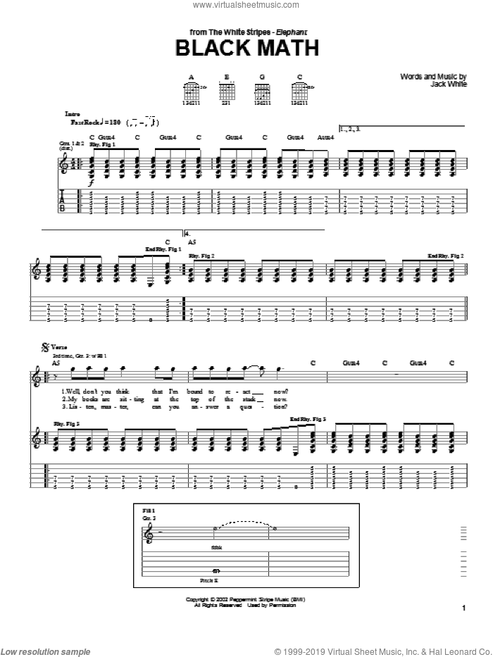 Black Math sheet music for guitar (tablature) by The White Stripes and Jack White, intermediate skill level