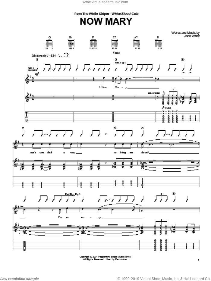 Now Mary sheet music for guitar (tablature) by The White Stripes and Jack White, intermediate skill level