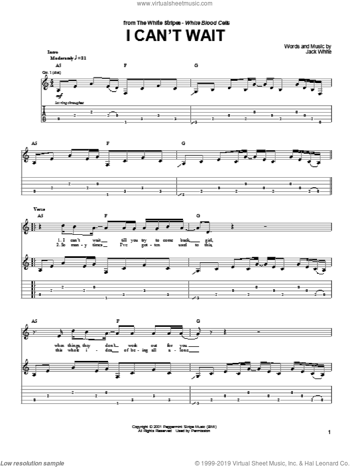 I Can't Wait sheet music for guitar (tablature) by The White Stripes and Jack White, intermediate skill level