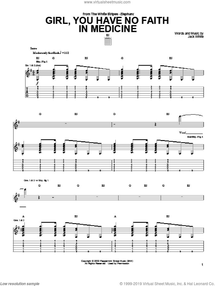 Girl, You Have No Faith In Medicine sheet music for guitar (tablature) by The White Stripes and Jack White, intermediate skill level