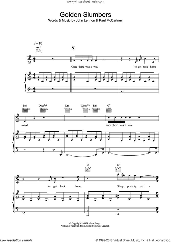Golden Slumbers sheet music for voice, piano or guitar by The Beatles, John Lennon and Paul McCartney, intermediate skill level