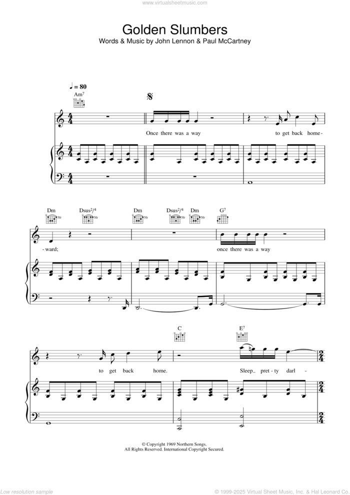 Golden Slumbers sheet music for voice, piano or guitar by The Beatles, John Lennon and Paul McCartney, intermediate skill level