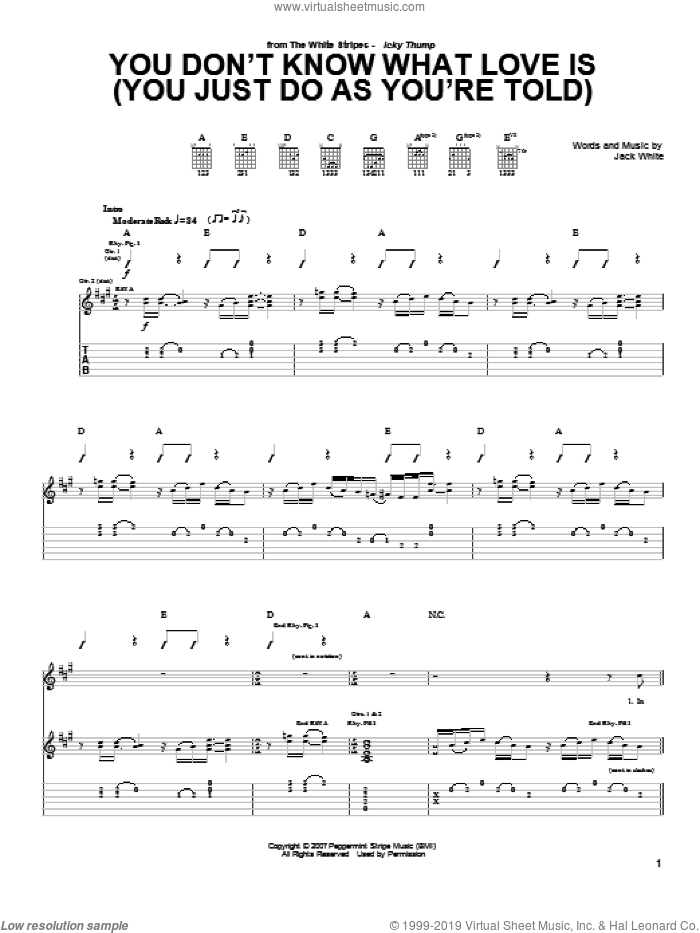 You Don't Know What Love Is (You Just Do As You're Told) sheet music for guitar (tablature) by The White Stripes and Jack White, intermediate skill level