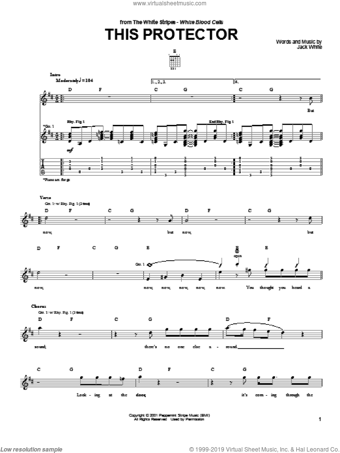 This Protector sheet music for guitar (tablature) by The White Stripes and Jack White, intermediate skill level