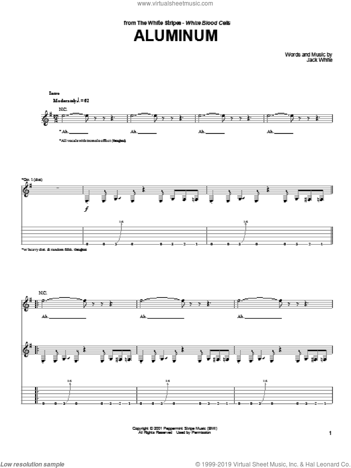 Aluminum sheet music for guitar (tablature) by The White Stripes and Jack White, intermediate skill level