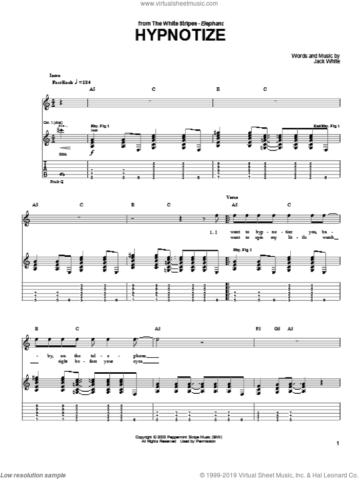 Hypnotize sheet music for guitar (tablature) by The White Stripes and Jack White, intermediate skill level