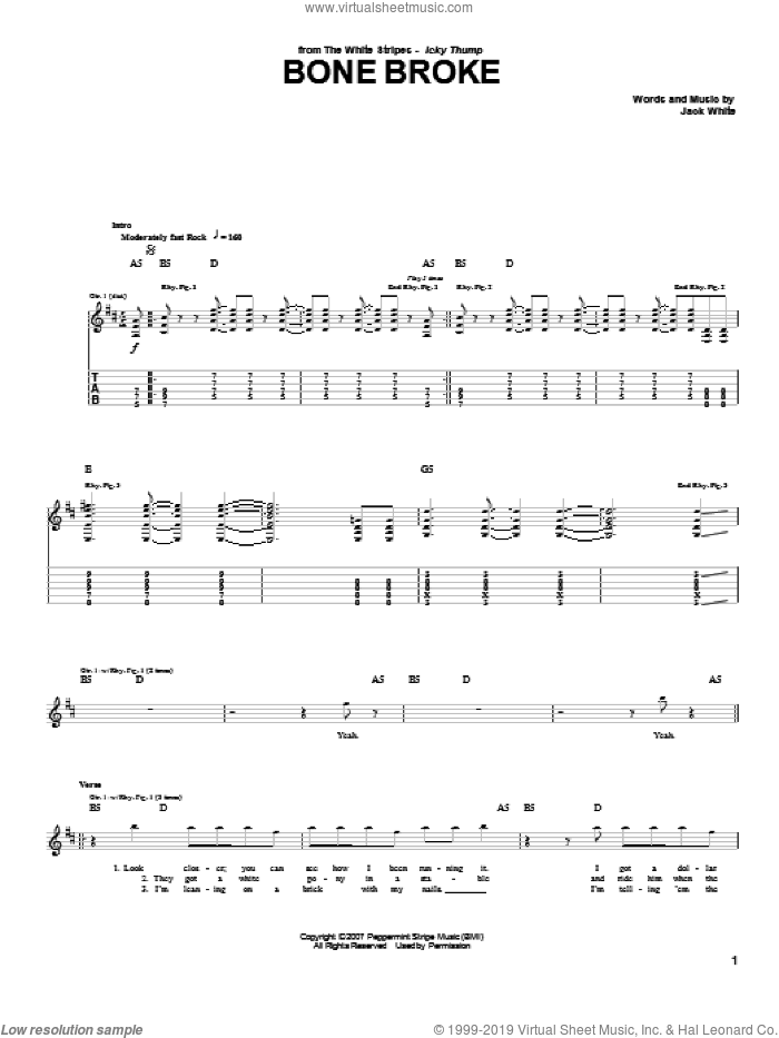 Bone Broke sheet music for guitar (tablature) by The White Stripes and Jack White, intermediate skill level
