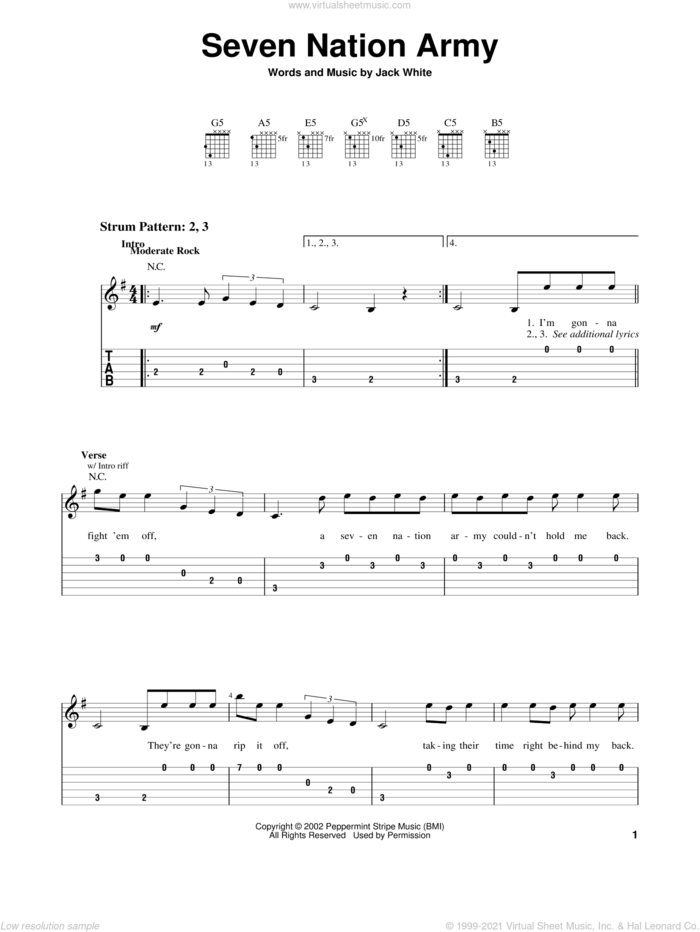 Seven Nation Army sheet music for guitar solo (easy tablature) by The White Stripes and Jack White, easy guitar (easy tablature)