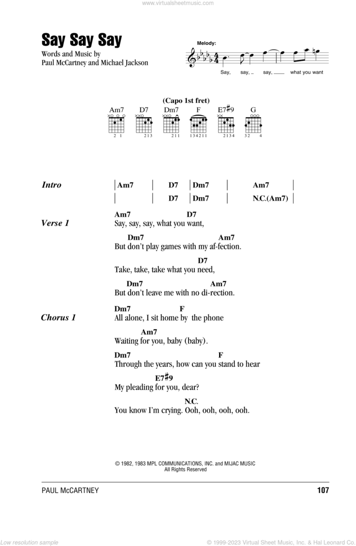 Say Say Say sheet music for guitar (chords) by Paul McCartney and Michael Jackson, intermediate skill level