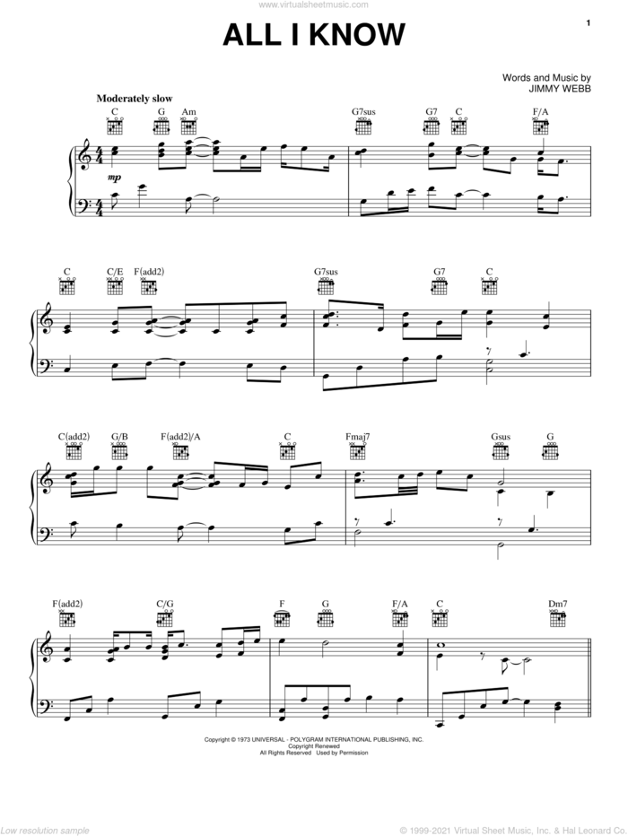 All I Know sheet music for voice, piano or guitar by Jimmy Webb, intermediate skill level