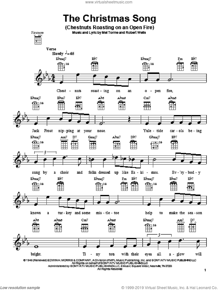 The Christmas Song (Chestnuts Roasting On An Open Fire) sheet music for ukulele by Mel Torme, Frank Sinatra, Nat King Cole and Robert Wells, intermediate skill level