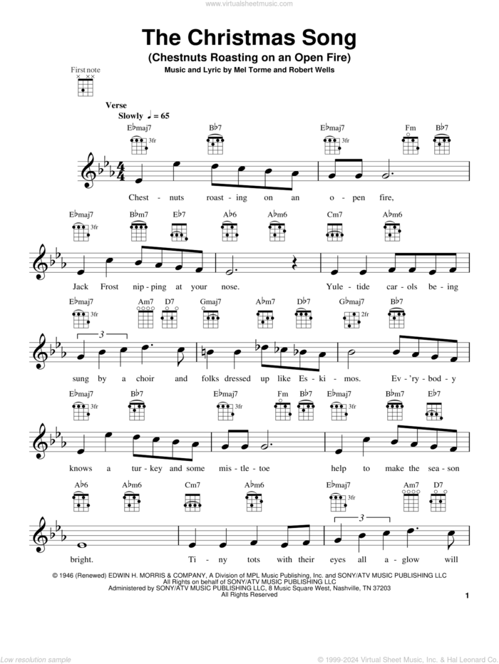 The Christmas Song (Chestnuts Roasting On An Open Fire) sheet music for ukulele by Mel Torme, Frank Sinatra, Nat King Cole and Robert Wells, intermediate skill level